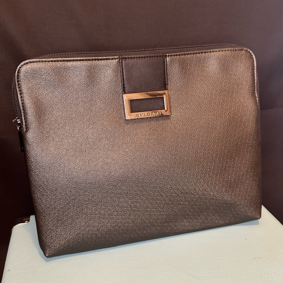 Bvlgari Saffiano Leather Black Zip Pouch Clutch Portfolio Case NWOT - Picture 1 of 4